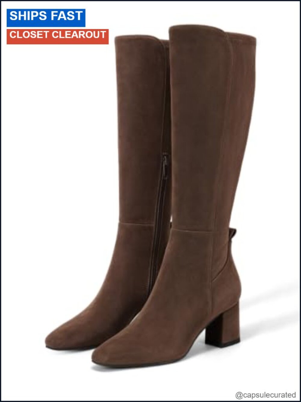 Knee High Boots Chunky Heel Side Zipper Faux Suede Almond Toe